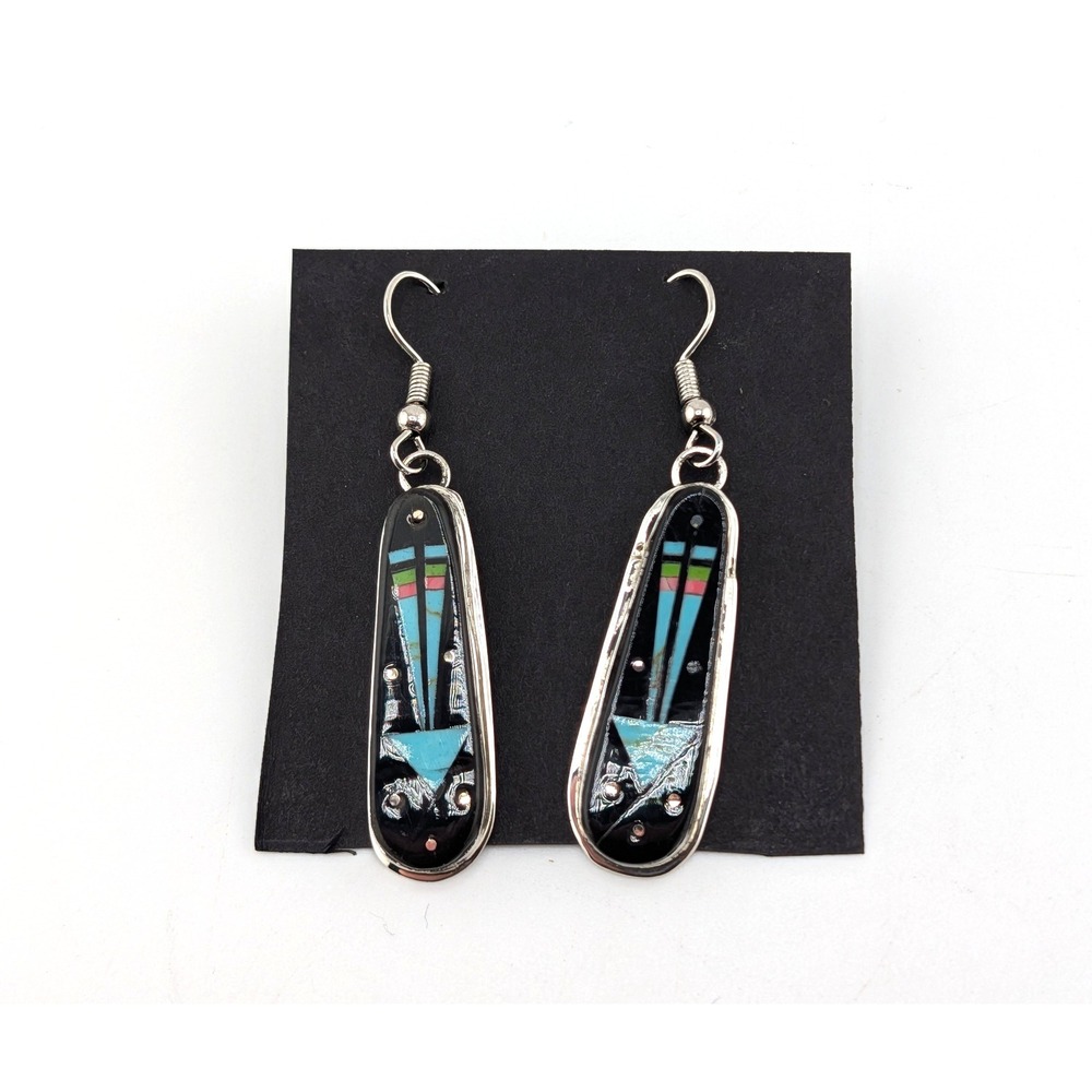 Zuni Inlay Multi Stone Dangle Earrings Handmade Native American Jewelry **
